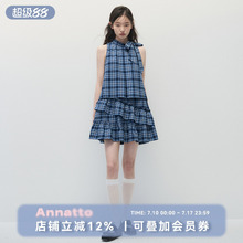 ANNATTO 不眠海 夏季蓝色格纹宽松显瘦无袖荷叶边蛋糕连衣裙女