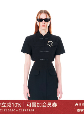 ANNATTO新中式中国风女装设计感蝴蝶结黑色西装连衣裙女盘扣短裙