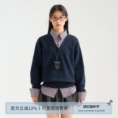 ANNATTO藏青色假两件衬衫领毛衣