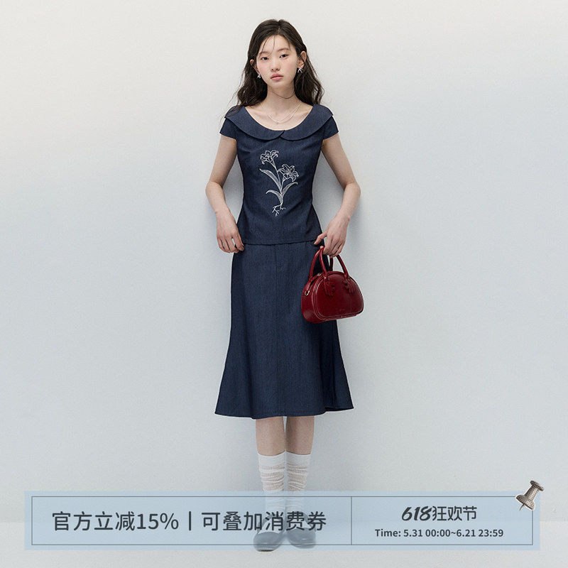 ANNATTO 百合与诗 藏青色仿牛仔刺绣短袖上衣鱼尾半身裙套装女