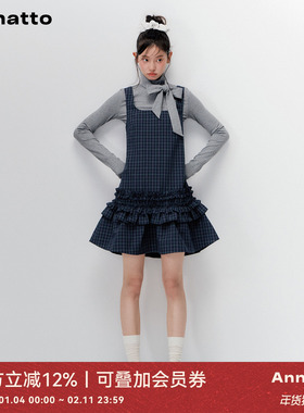 ANNATTO 秋季深蓝色格纹花边吊带连衣裙灰色蝴蝶结长袖打底衫女