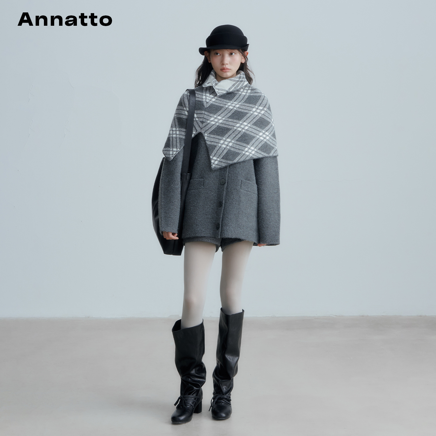 ANNATTO格纹斗篷灰色毛衣套装女
