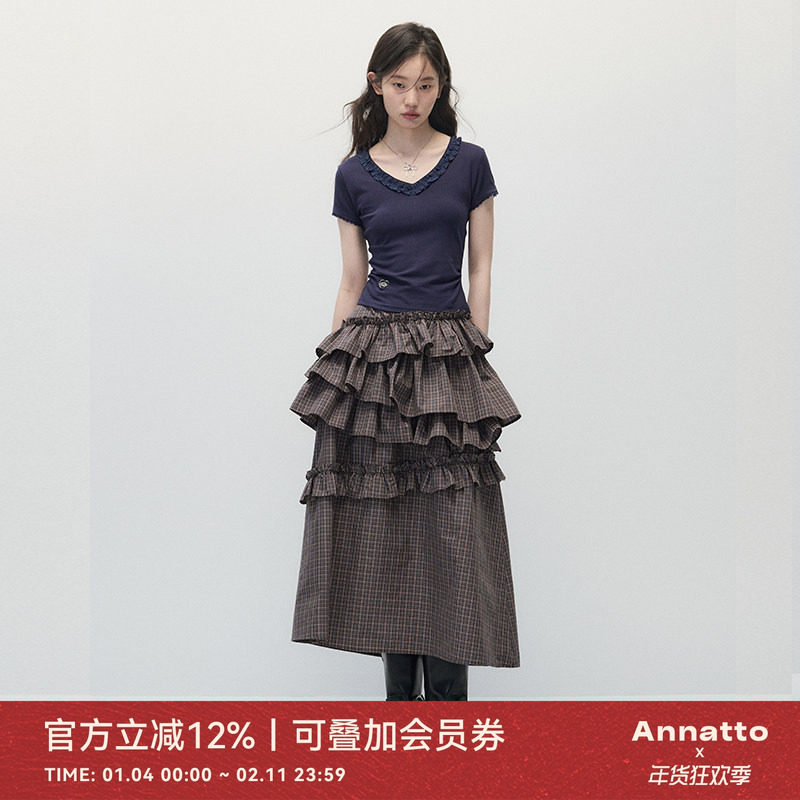 ANNATTO 悸动的波澜 V领木耳边修身短袖T恤a字格纹蛋糕裙半身裙女,女装/女士精品,时尚套装,淘宝优惠券,粉丝福利购,淘宝优惠卷