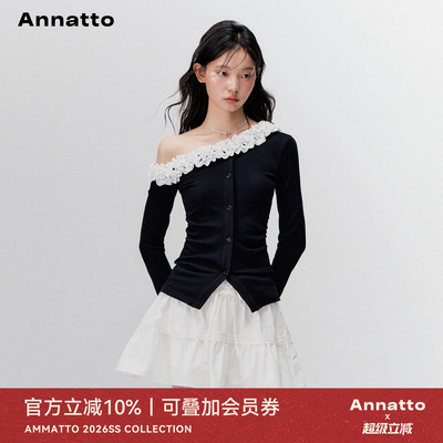 ANNATTO波点花边斜肩长袖打底衫