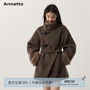 ANNATTO 风起时 冬季含羊毛棕色收腰呢子中长款大衣毛毛外套女