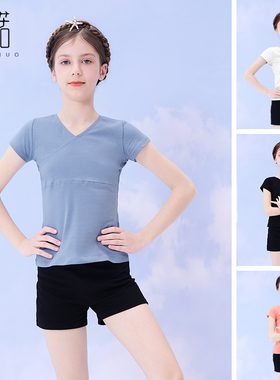 儿童舞蹈服女童跳舞黑色上衣棉夏季练功服中国舞少儿拉丁舞训练服