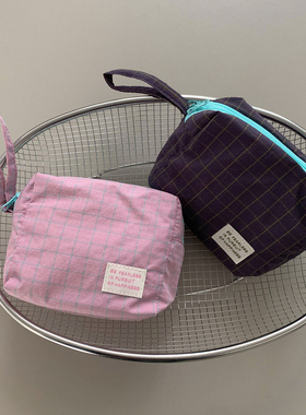 Unique blue格纹双层化妆包手提便携收纳袋数码收纳包ins风小众包