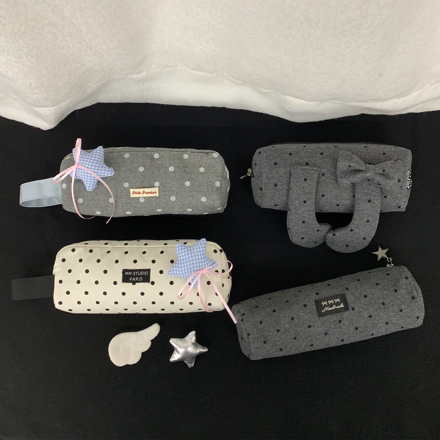 Unique blue灰黑波点笔袋收纳包ins风大容量立体笔袋韩