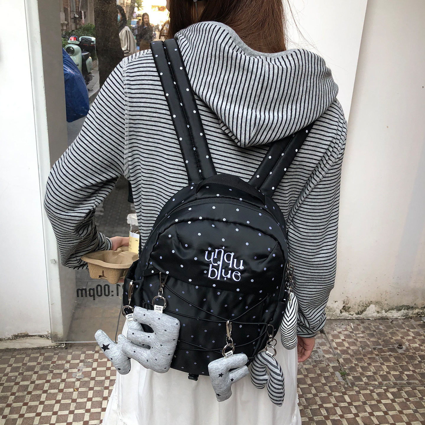 Unique blue韩系抽绳波点精致双肩包女学生抽绳书包高颜值背包,箱包皮具/热销女包/男包,双肩背包,淘宝优惠券,粉丝福利购,淘宝优惠卷