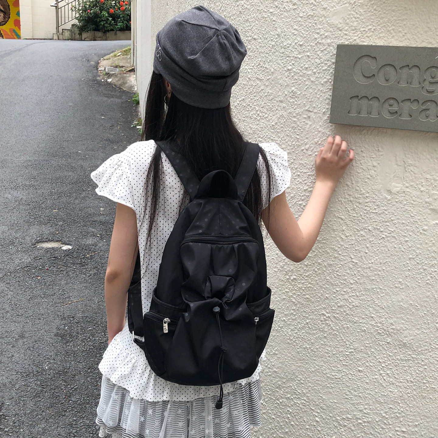 Uniqueblue韩版波点书包女尼龙防水大容量背包学生旅游轻便双肩包