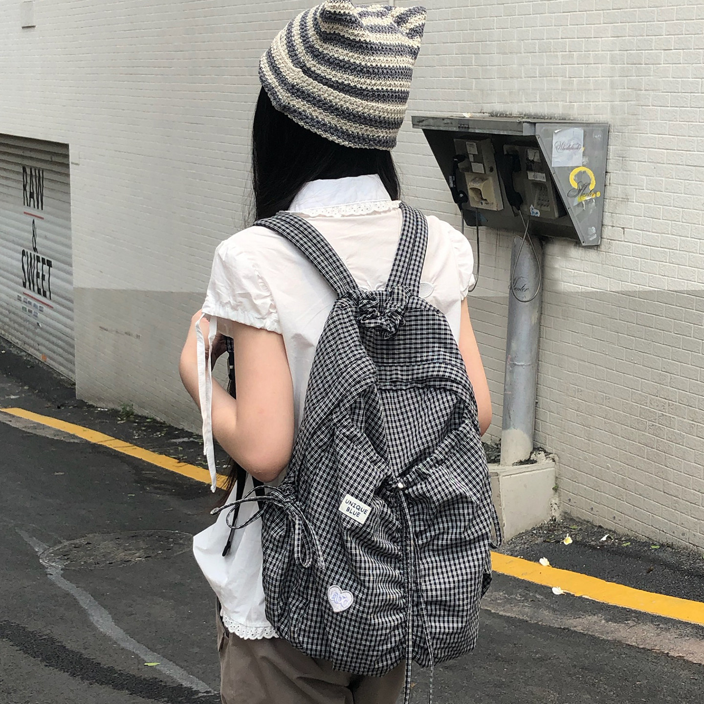 Unique blue 韩系格子双肩包女大容量学生书包百搭旅行通勤背包