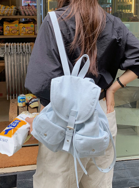 Unique blue韩版多口袋抽绳双肩包轻便防水布背包慵懒风学生书包