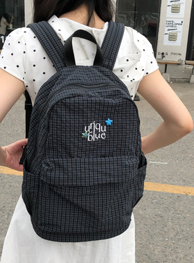 Unique blue原创格子海星版大容量双肩包女学生韩系书包日系背包