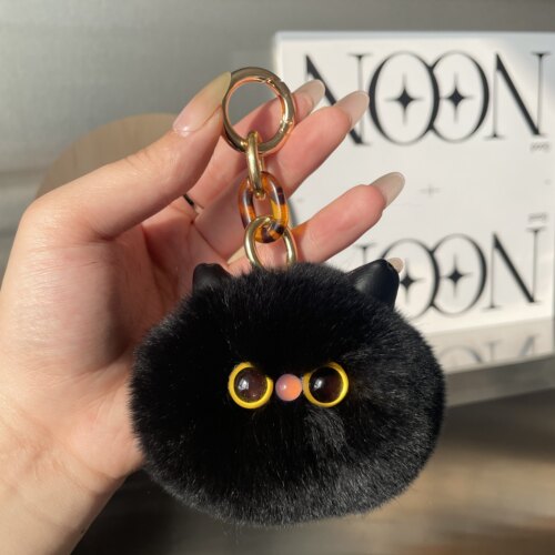 真獭兔毛可爱小猫咪包包挂饰汽车钥匙扣小黑猫毛绒公仔玩偶挂件