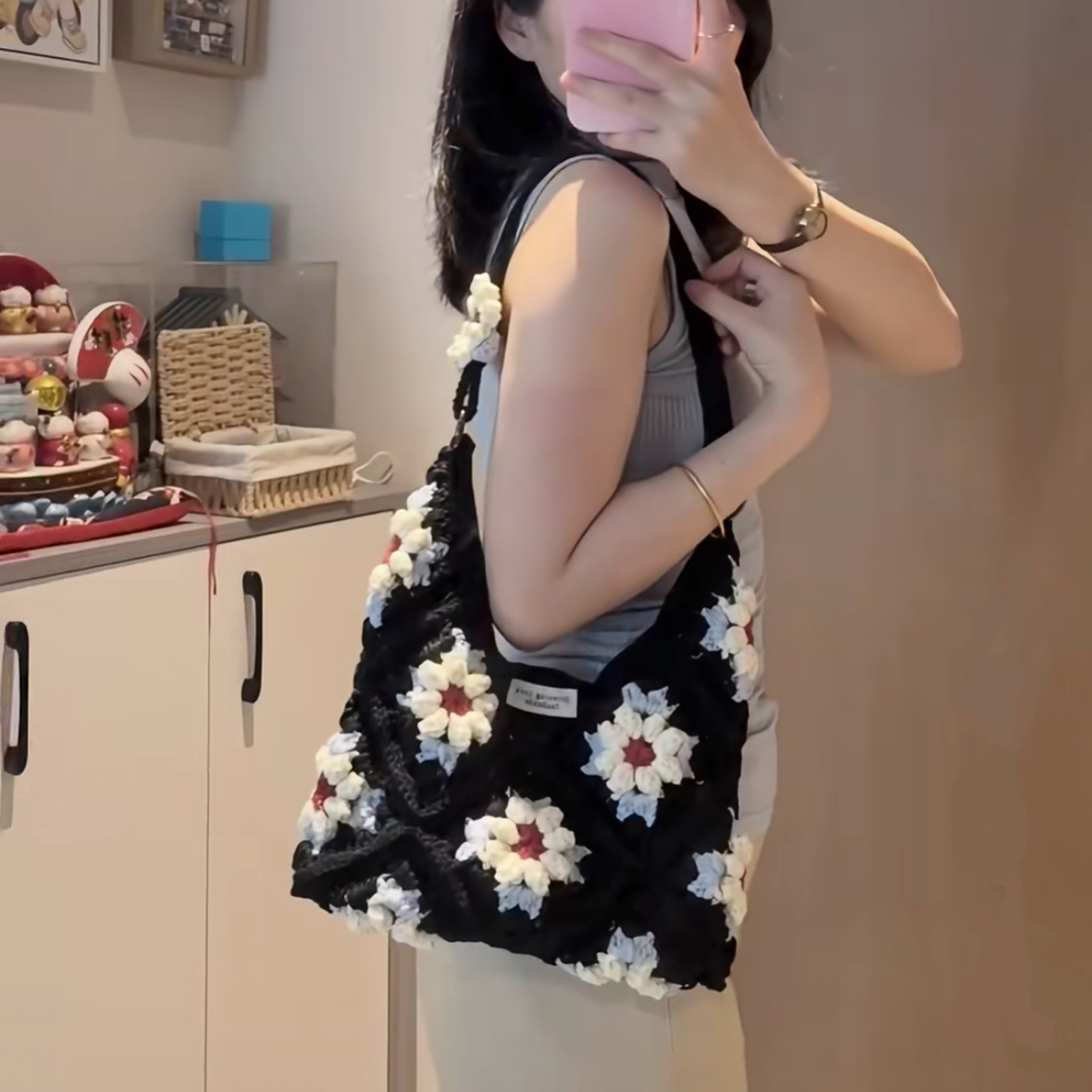 成品手工编织泡芙花片包单肩包毛线钩针自制手提DIY材料包送朋友