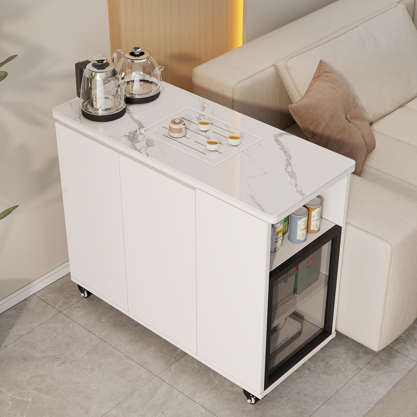 智能沙发边柜侧边带插座茶水柜带轮小型茶边柜客厅靠墙可放水桶,住宅家具,可移动边柜,淘宝优惠券,粉丝福利购,淘宝优惠卷