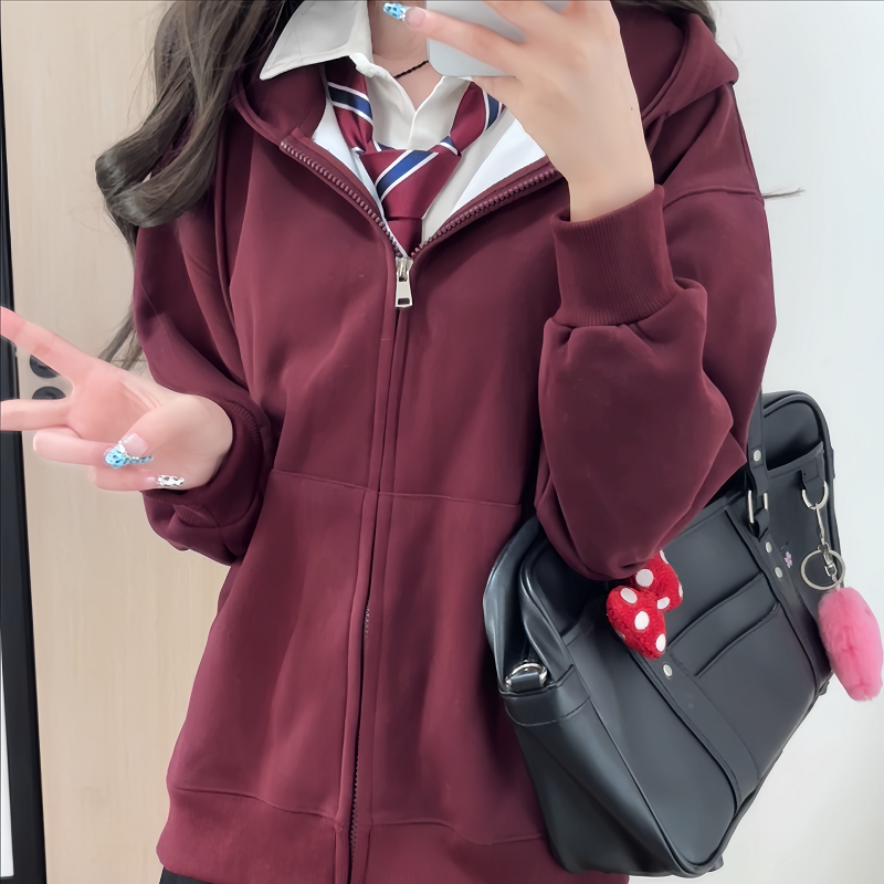 浅灰宽松连帽卫衣女学生秋冬百搭酒红拉链开衫加绒加厚jk外套上衣