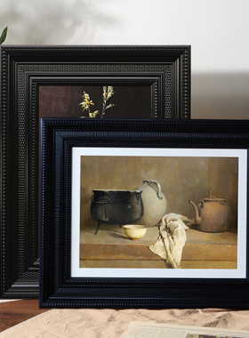 五月画馆油画水彩中古装饰宽边黑色相框复古质感挂墙摆台压花画框