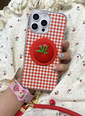 代购泡泡骚强磁吸通用红色棋盘格纹适用于iphone16promax手机壳i15 i14 i13手机保护套透明边ins小清新