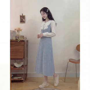 知心衣质温柔风蝴蝶结白色衬衫 蓝色吊带裙显瘦收腰日常百搭两件套