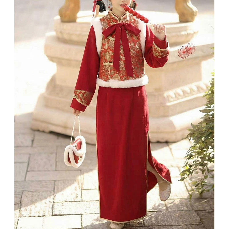 知心衣秋冬季新款新中式国风红色过年拜年服马甲旗袍连衣裙两件套,女装/女士精品,时尚套装,淘宝优惠券,粉丝福利购,淘宝优惠卷