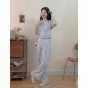 高腰阔腿裤 独特漂亮蓝色衬衫 两件套 高级感轻奢时尚 知心衣春夏新款