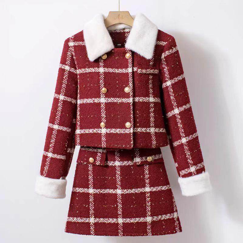 法式小香风时尚套装女2024秋冬高级感气质红色毛领外套高腰短裙,女装/女士精品,时尚套装,淘宝优惠券,粉丝福利购,淘宝优惠卷