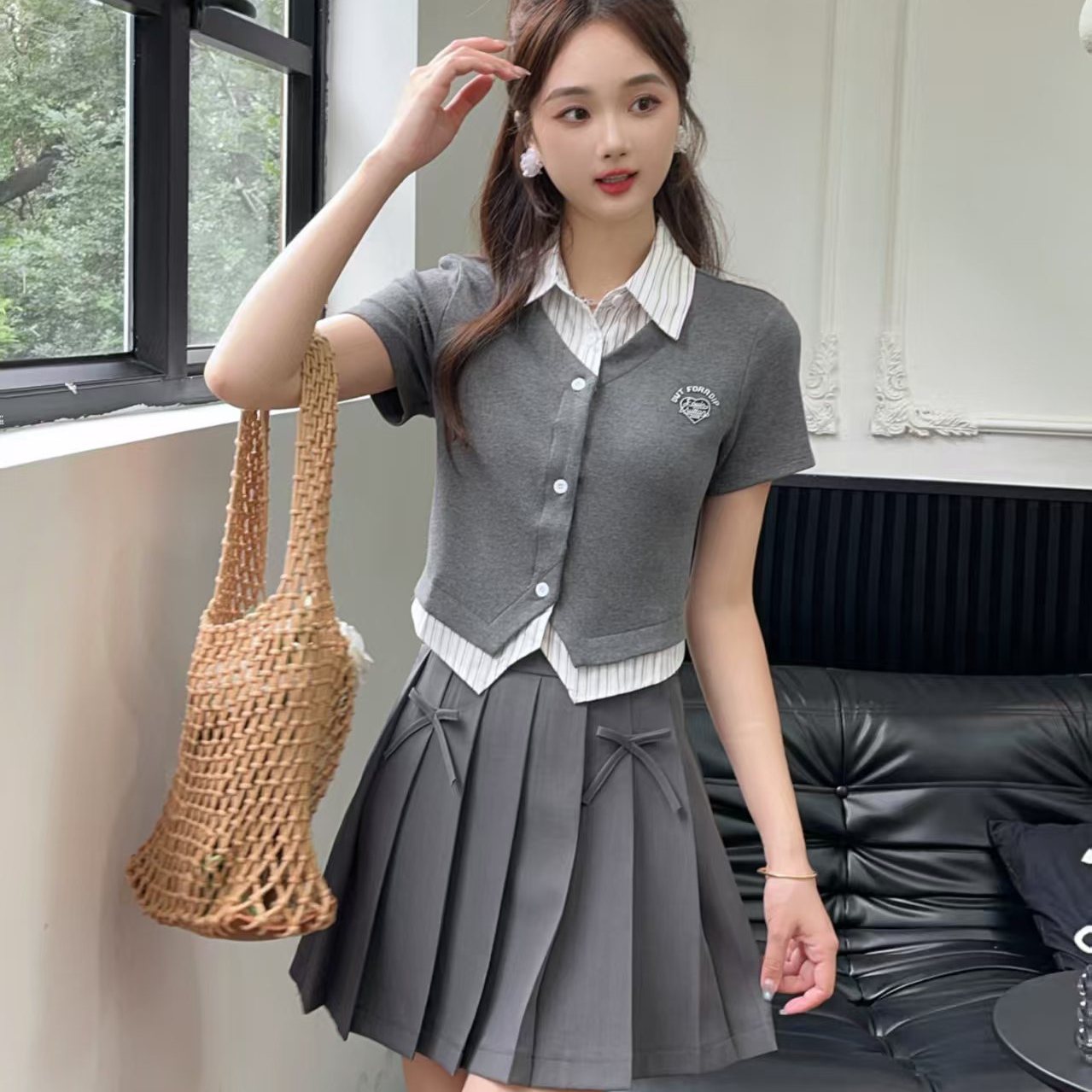 时尚学院风条纹衬衫领T恤百褶裙半身裙两件套女2025夏季女神新款