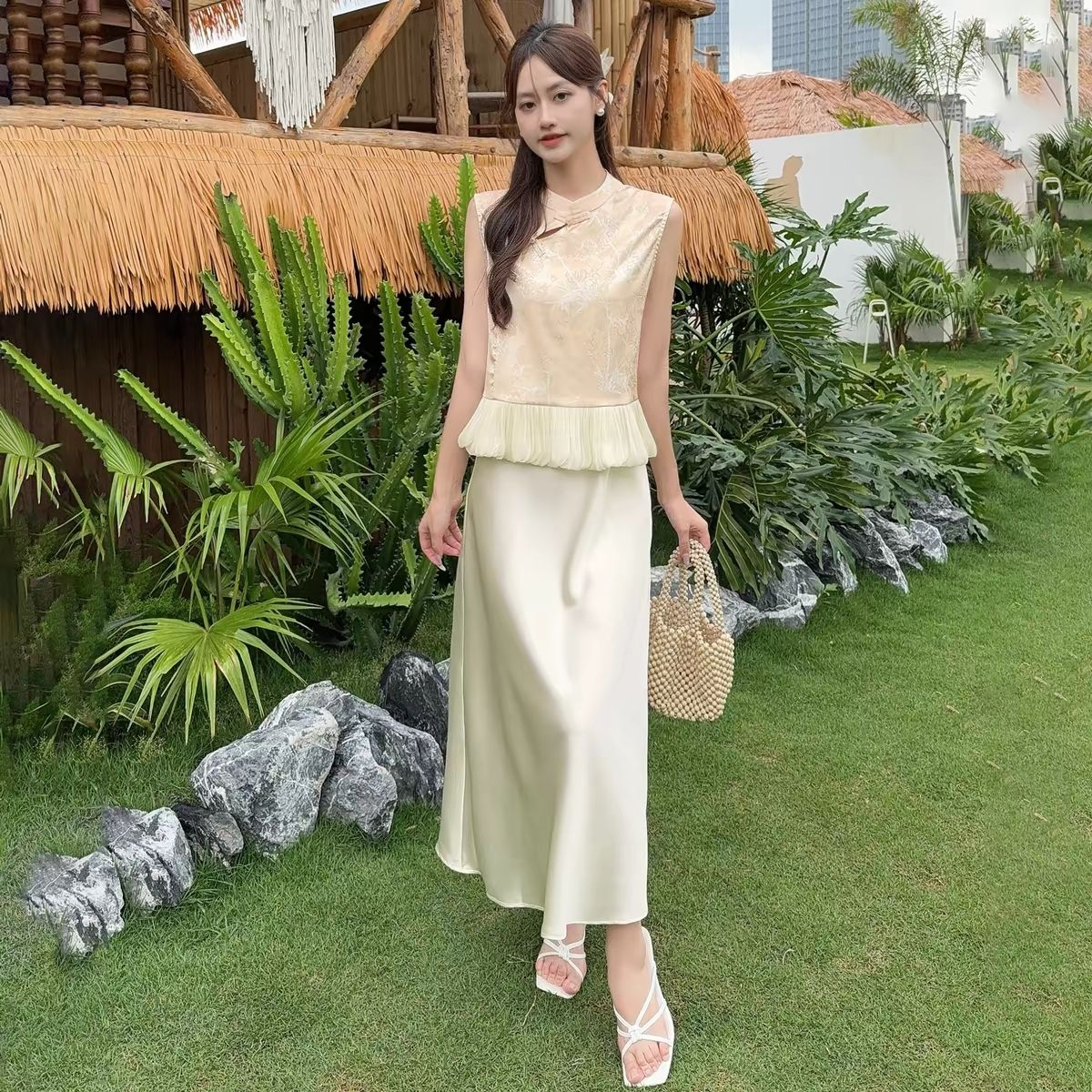 新中式吊带连衣裙套装女