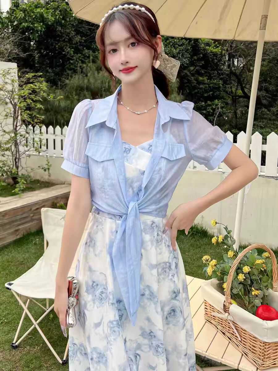 24夏款法式碎花吊带连衣裙女温柔气质纯欲风性感收腰时尚长裙套装