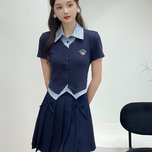 学院风条纹衬衫领T恤百褶裙套装