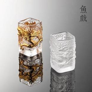 水晶玻璃茶杯主人杯手工浮雕描金腾龙品茗杯琉璃杯子单杯功夫茶具