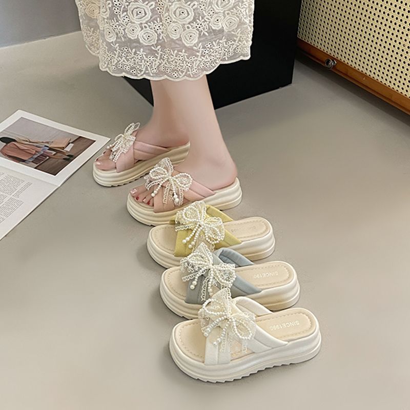 拖鞋女夏外穿2026新款配裙子仙女风凉鞋绝美蕾丝厚底一字凉拖34码