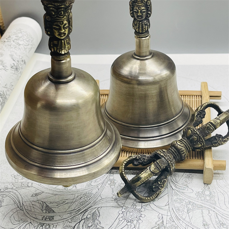 青铜五股金刚铃杵佛堂法器尼泊尔手工复古纯铜铃铛摇铃唤醒铃摆件
