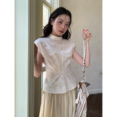 dorydory 女夏独特精致小上衣 收腰白色衬衫 中式 小立领刺绣连肩袖