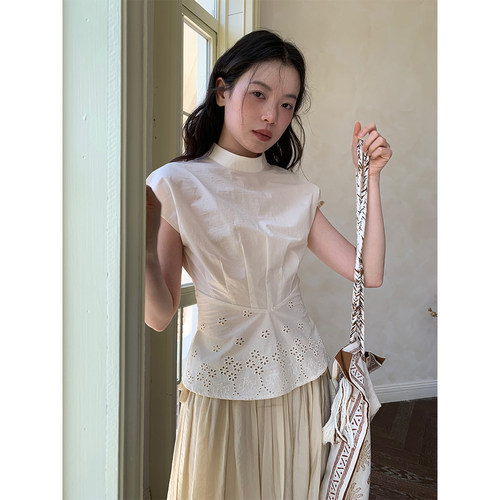 dorydory 中式小立领刺绣连肩袖收腰白色衬衫女夏独特精致小上衣