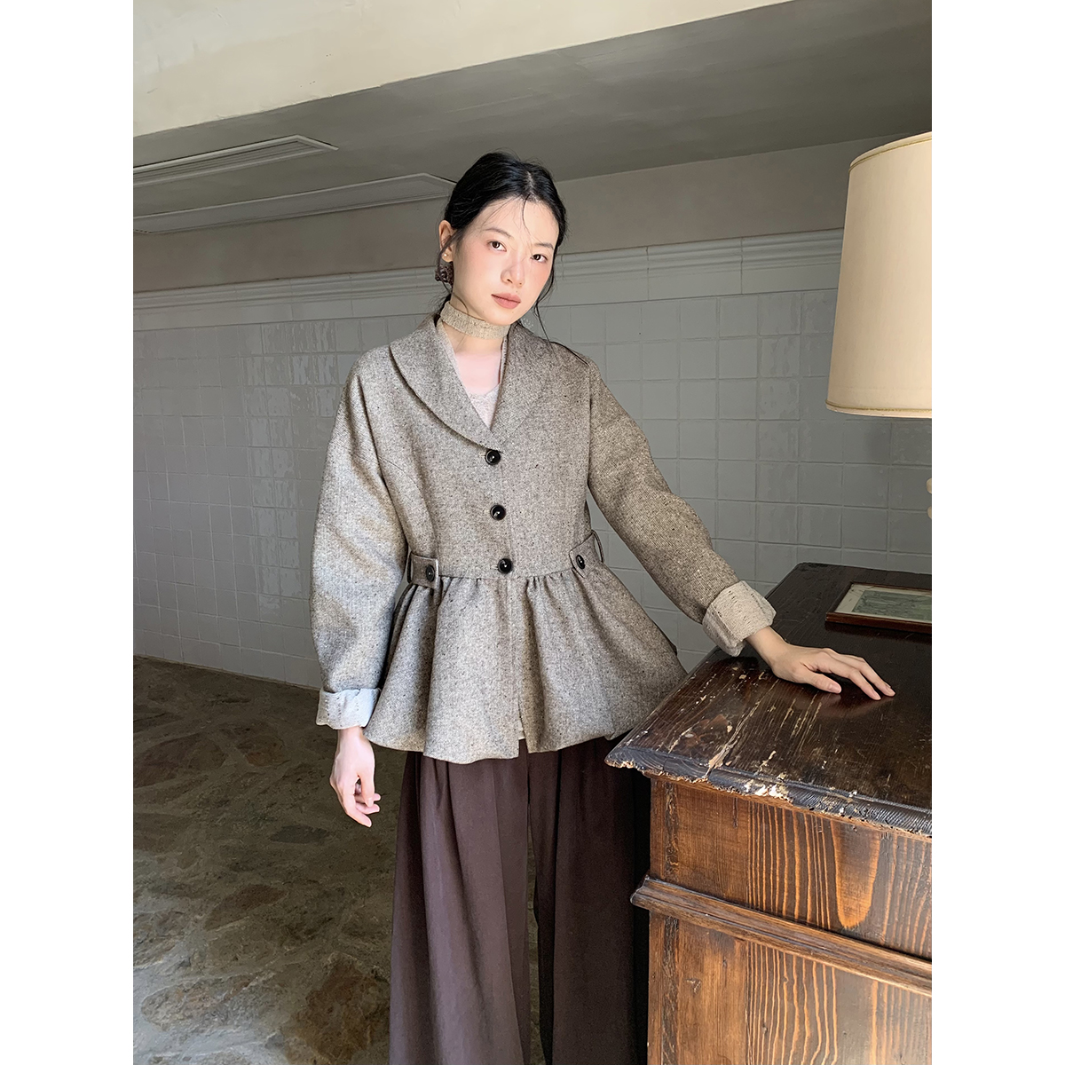 dorydory高级感花苞毛呢外套女收腰减龄粗花呢褶皱秋冬新短款大衣