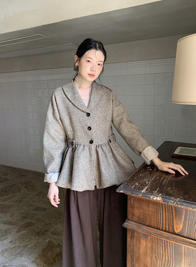 dorydory高级感花苞毛呢外套女收腰减龄粗花呢褶皱秋冬新短款大衣