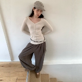 燕麦色V领坑条百搭长袖 弹力针织衫 女修身 dorydory 显瘦秋冬打底衫