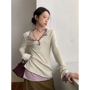 T恤内搭显瘦上衣独特漂亮打底衫 dorydory拷边撞色打底针织衫 长袖