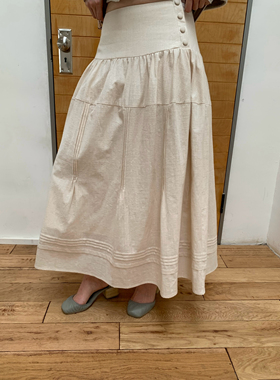 dorydory 米白色复古塔克褶伞裙 纯棉肌理中长款高腰半身裙女秋冬