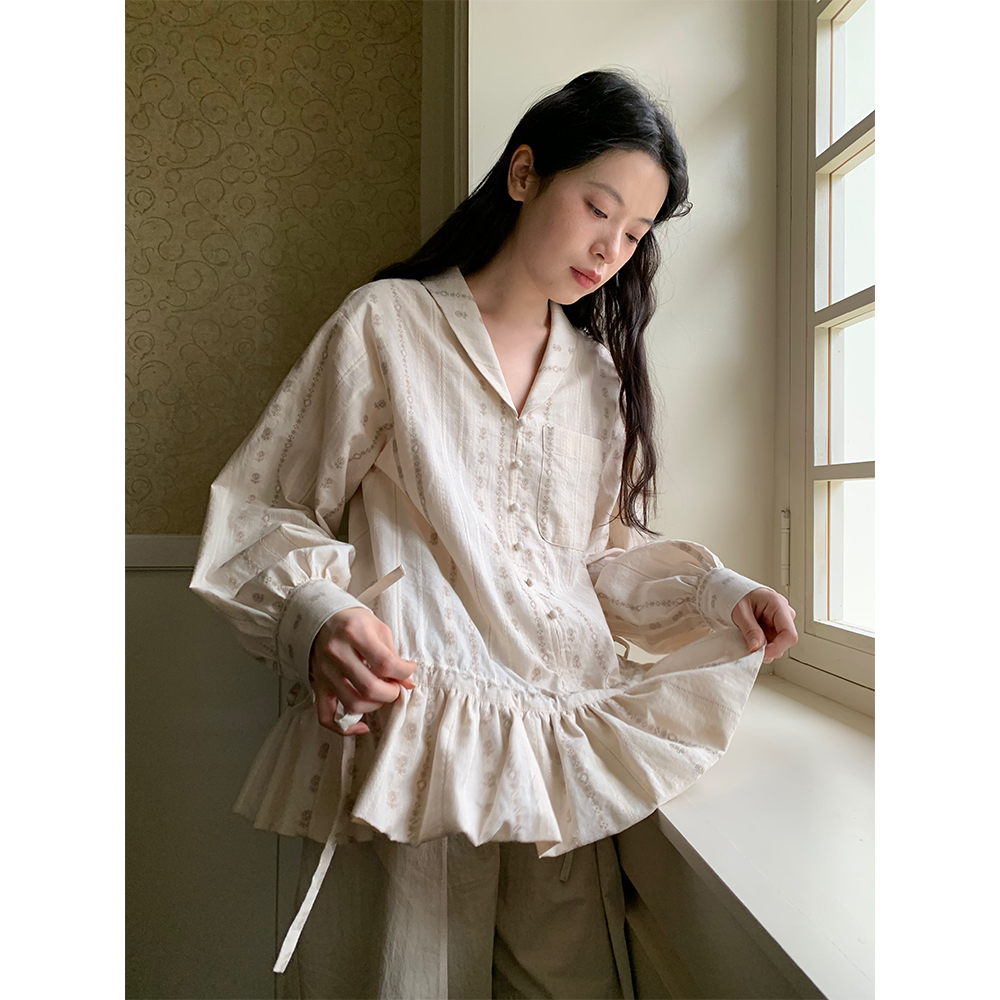 dorydory提花系带花苞长袖V领衬衫女设计感开春小众穿搭减龄洋气