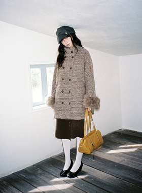 dorydory 驼色圈圈羊毛呢双排扣外套2025冬季新款中短款大衣女