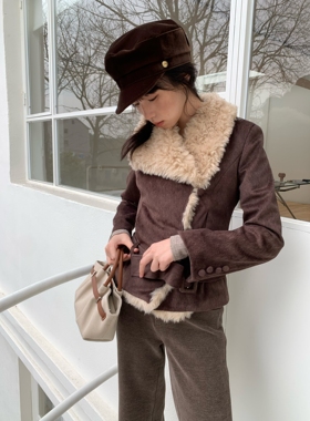 dorydory 2025年秋冬新款通勤羊羔毛拼接翻领正肩修身外套女