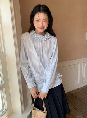 dorydory 春季新款设计感衬衣立体木耳边中长款条纹衬衫外套女