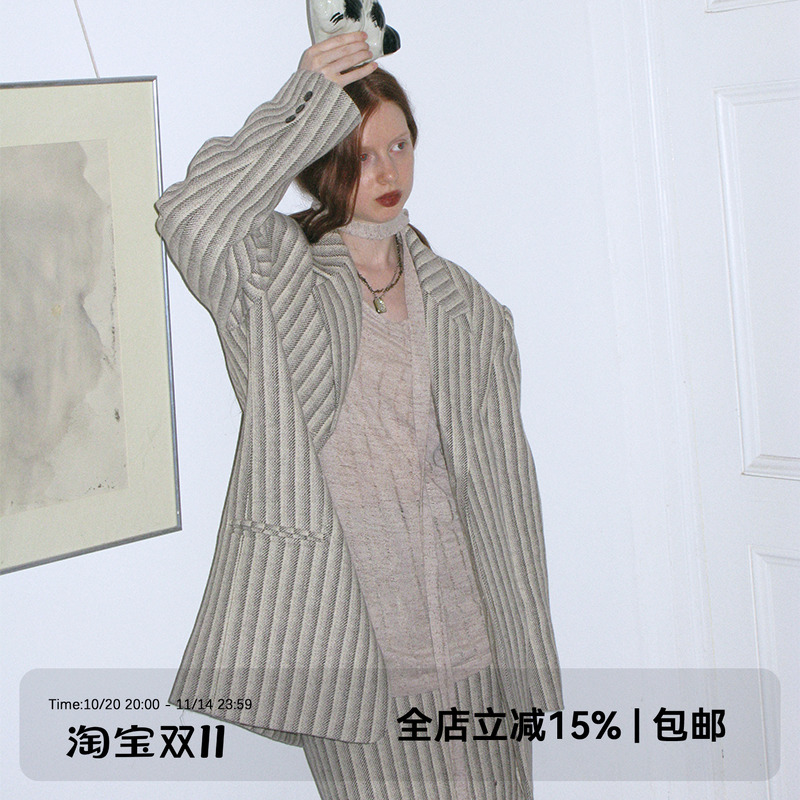 dorydory灰白条纹羊毛廓形西装