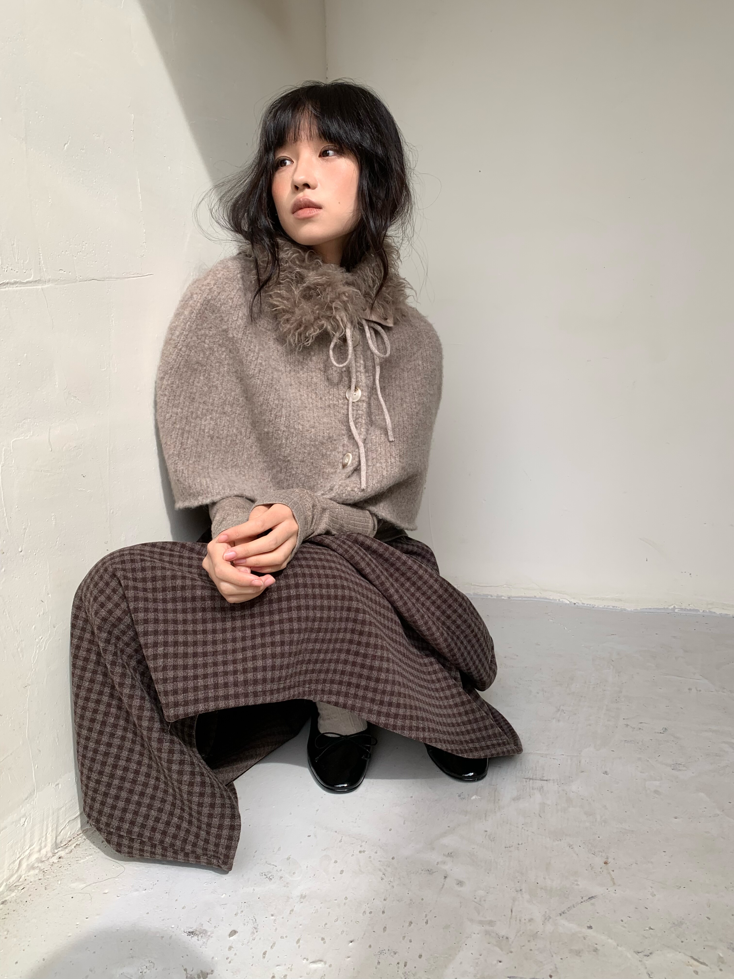 dorydory 浅咖色羊毛毛领斗篷毛衣披肩短款小众设计感秋冬搭配