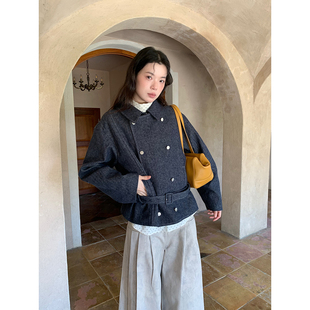 dorydory春季新款女装亚麻牛仔夹克外套经典别致收腰短款上衣女