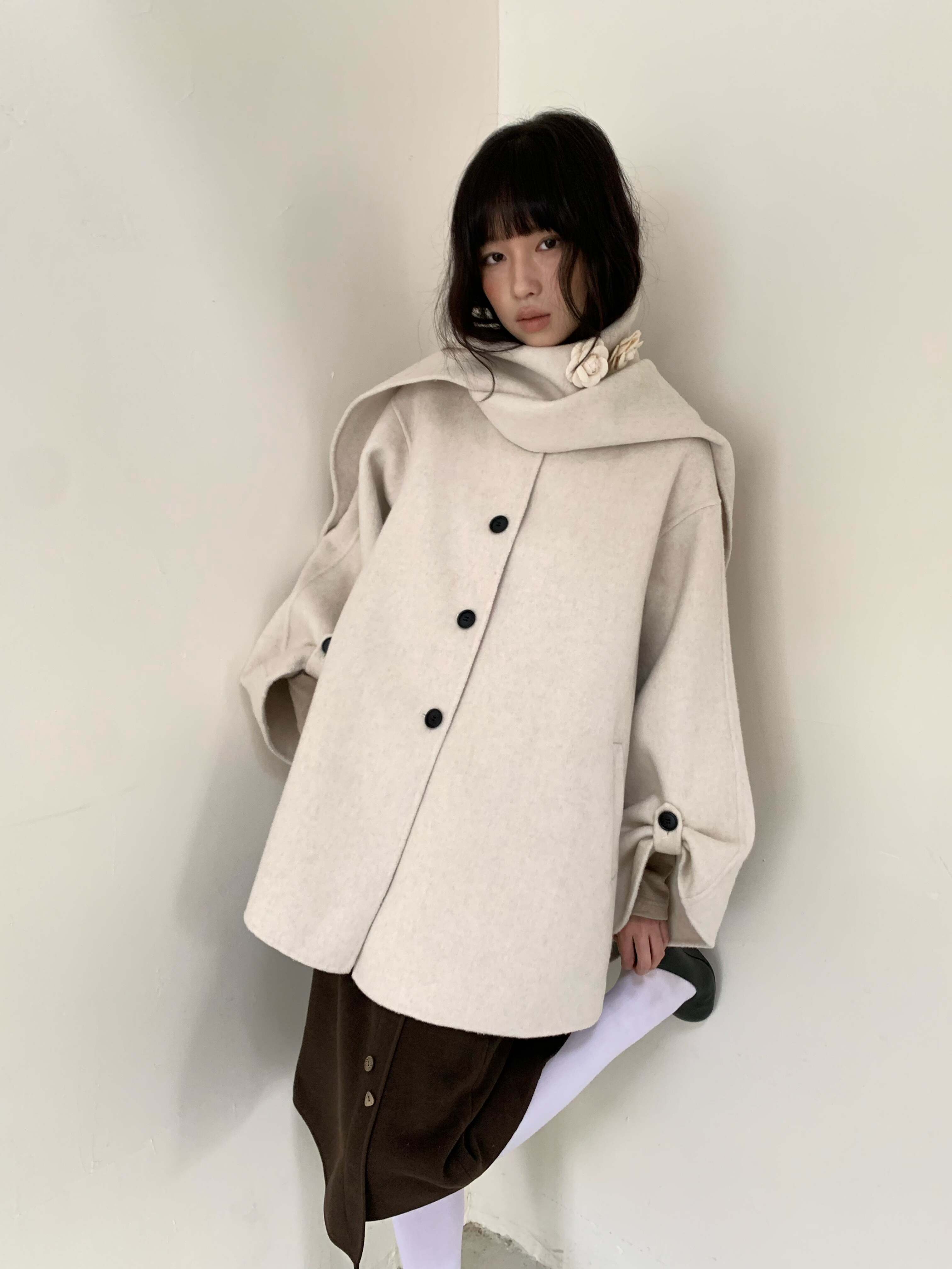 dorydory 立体花羊毛双面羊绒大衣女2025冬新款白色毛呢外套短款