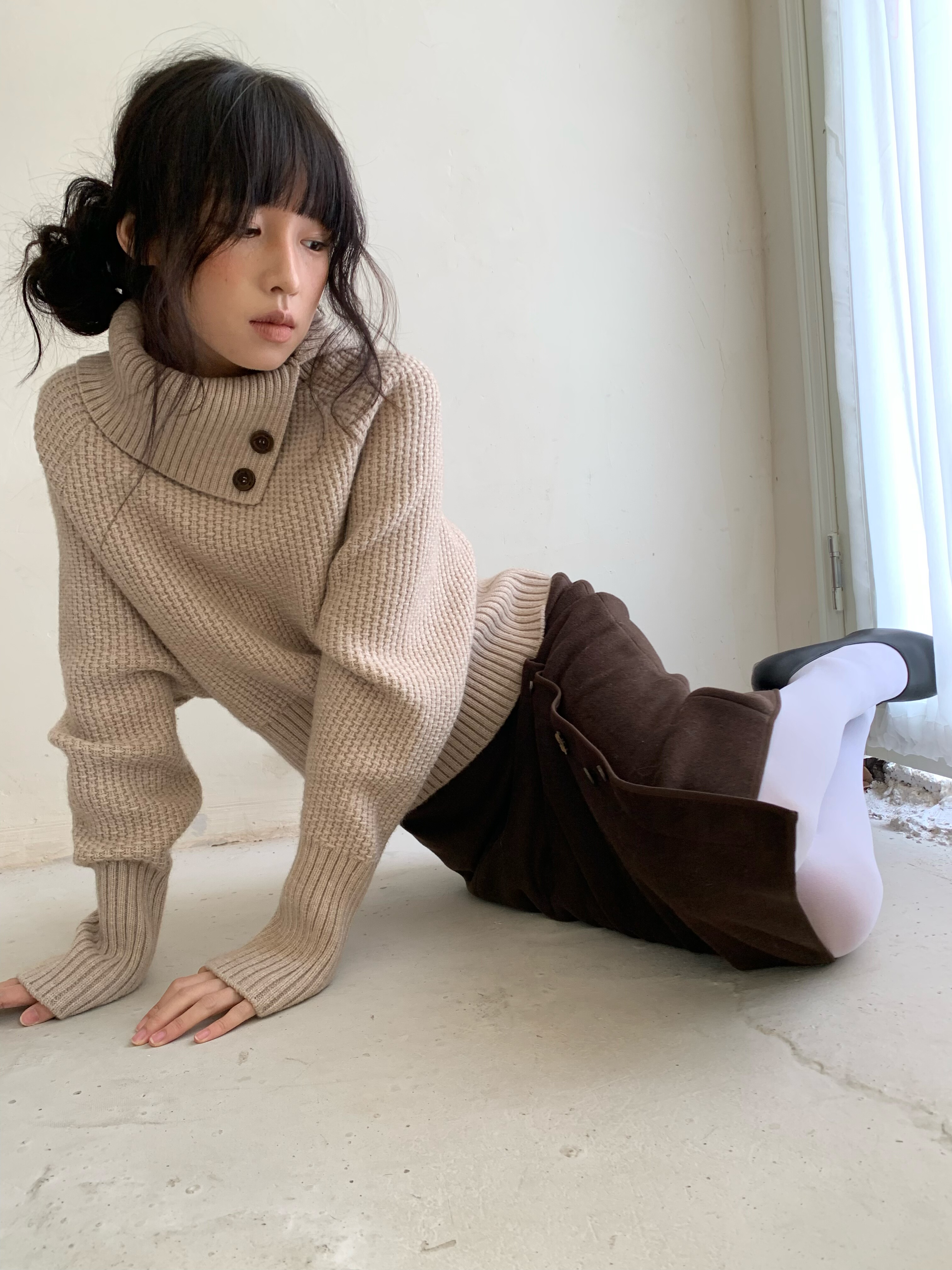 dorydory 高领收腰蝙蝠袖针织衫羊毛可外穿可内搭米色斜领毛衣女